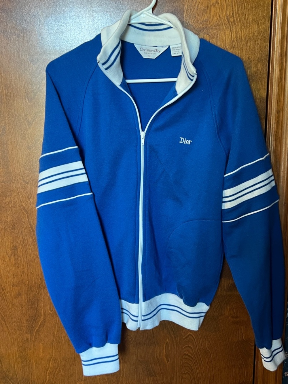 Vintage Dior Royal Blue Zip-Up Sweater with White Trim